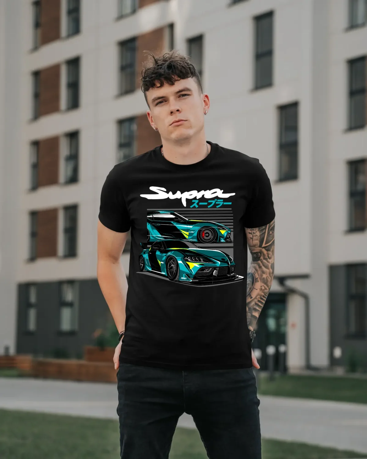 Model Wearing a Black Supra A90 T-Shirt