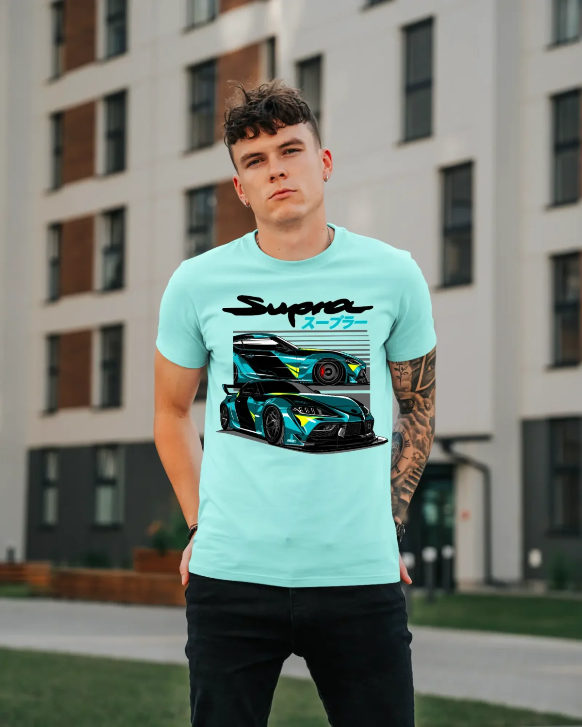 Model Wearing a Mint Supra A90 T-Shirt