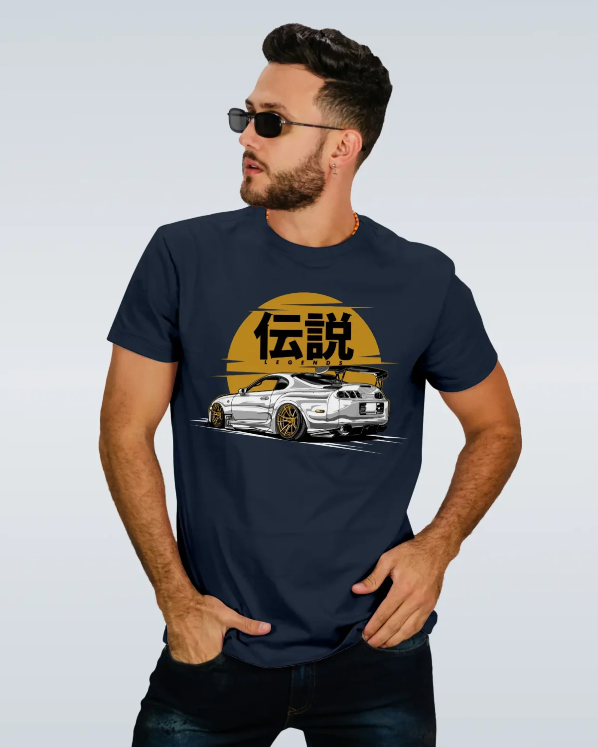 Model Wearing Supra Legends Navy Blue T-Shirt