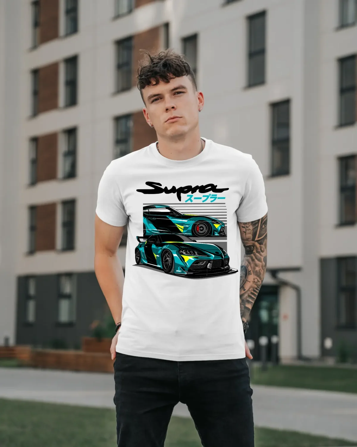 Model Wearing a White Supra A90 T-Shirt