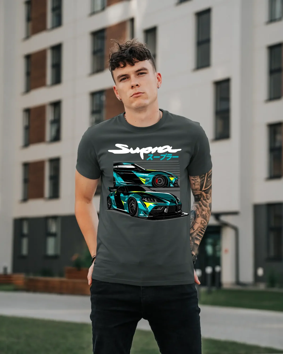 Model Wearing a Steel Grey Supra A90 T-Shirt