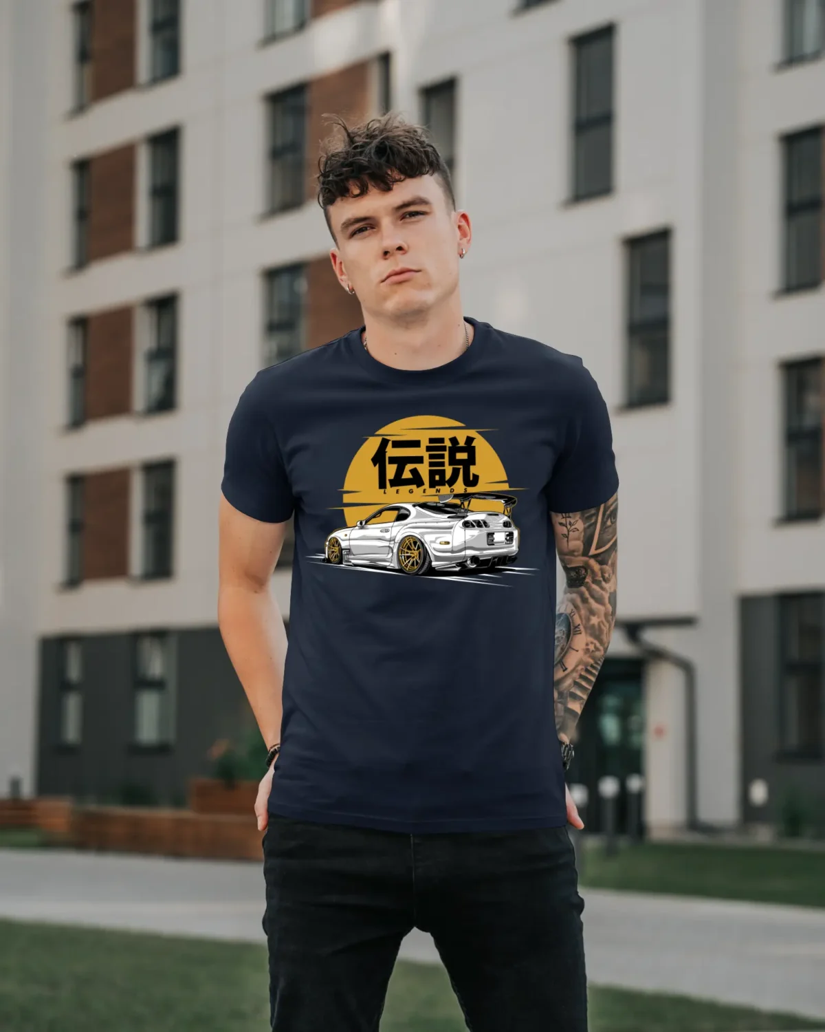 Model in Navy Blue Supra Legends T-Shirt