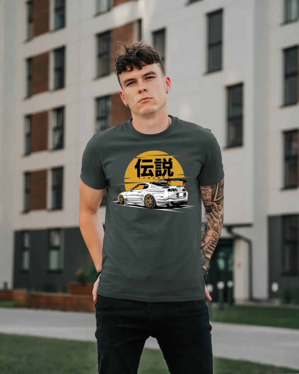 Model in Steel Grey Supra Legends T-Shirt