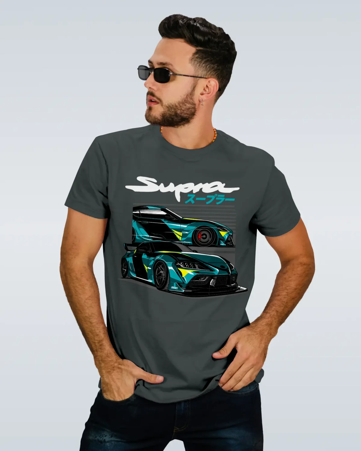 Model in Supra A90 Steel Grey Tee