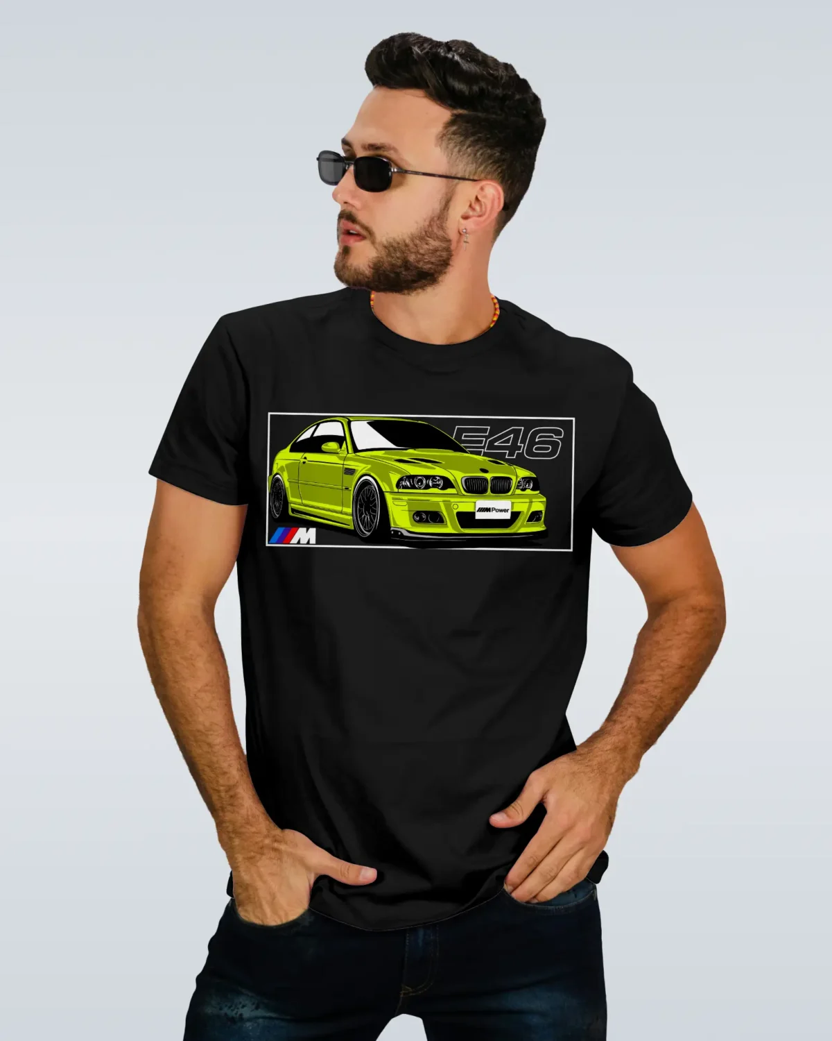 Model Wearing a BMW M3 E46 Black T-Shirt