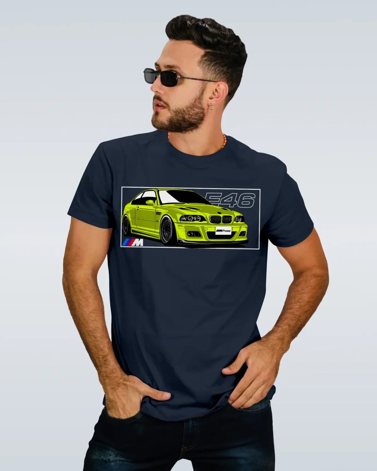 Model Wearing a BMW M3 E46 Navy Blue T-Shirt