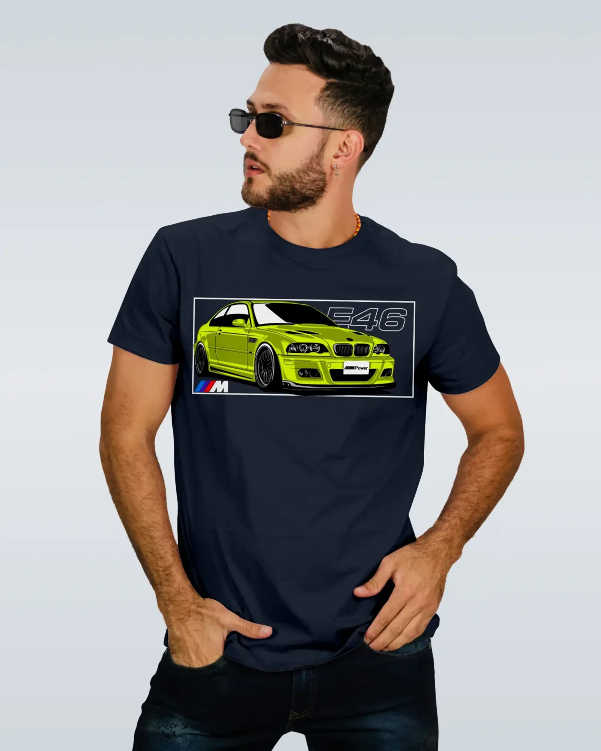 Model Wearing a BMW M3 E46 Navy Blue T-Shirt