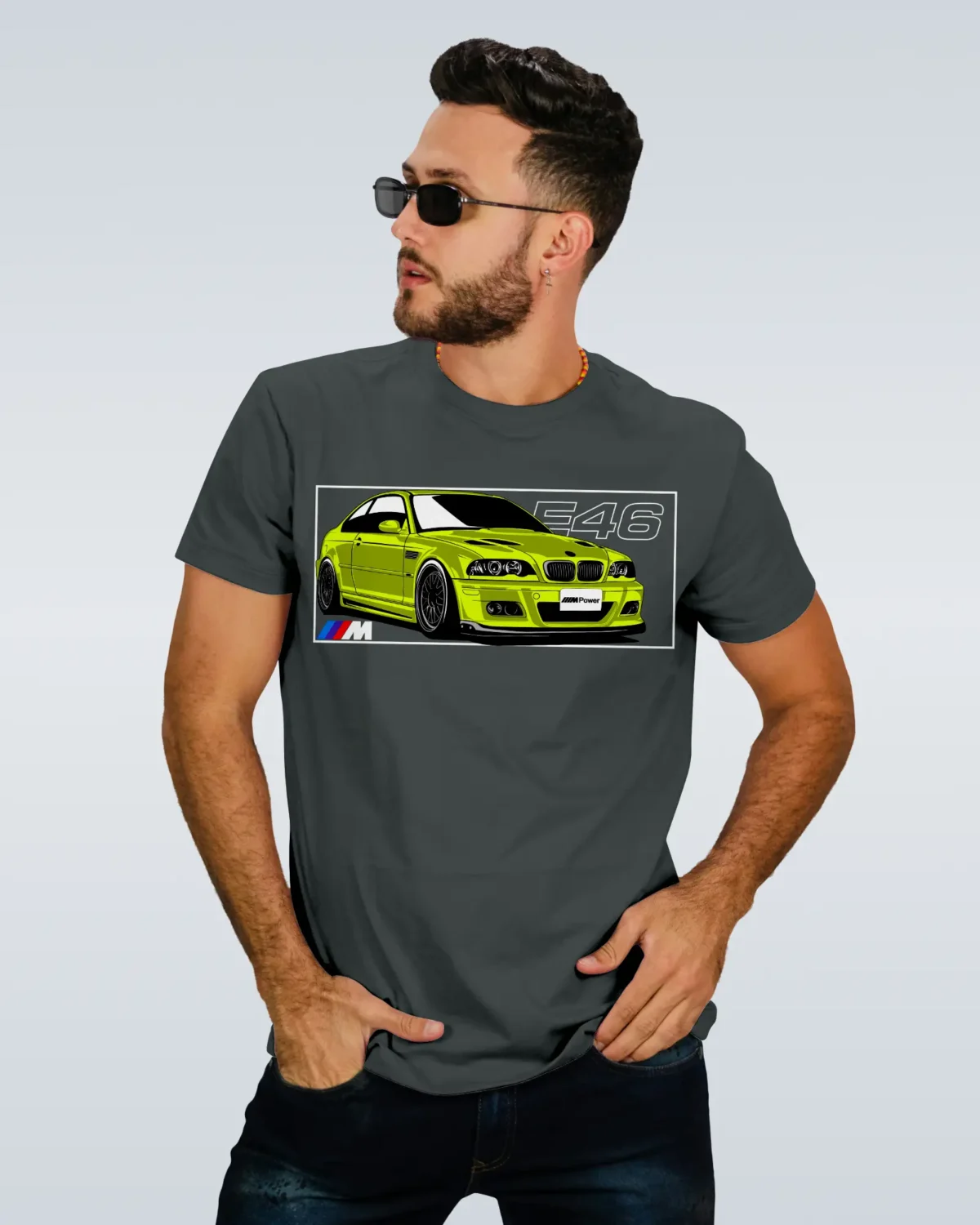 Model Wearing a BMW M3 E46 Steel Grey T-Shirt