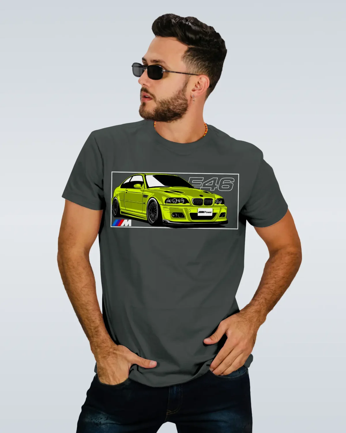 Model Wearing a BMW M3 E46 Steel Grey T-Shirt