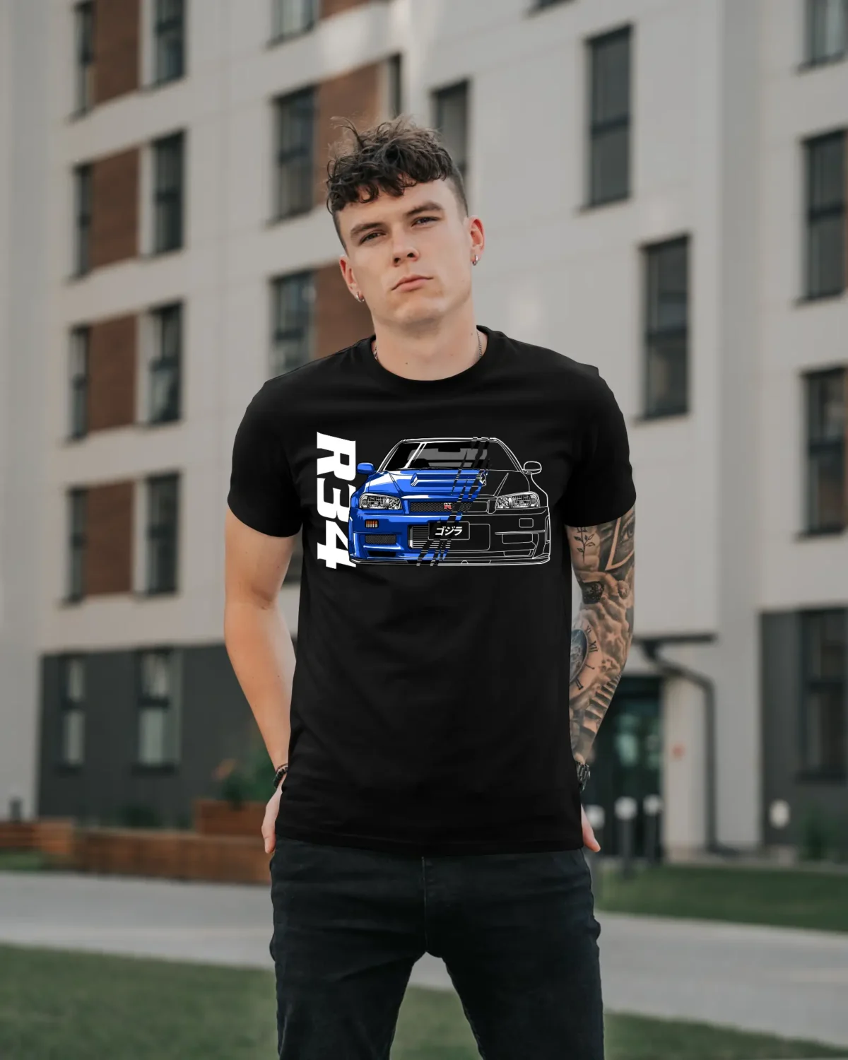 Model Wearing a Black Nissan Skyline R34 Tee