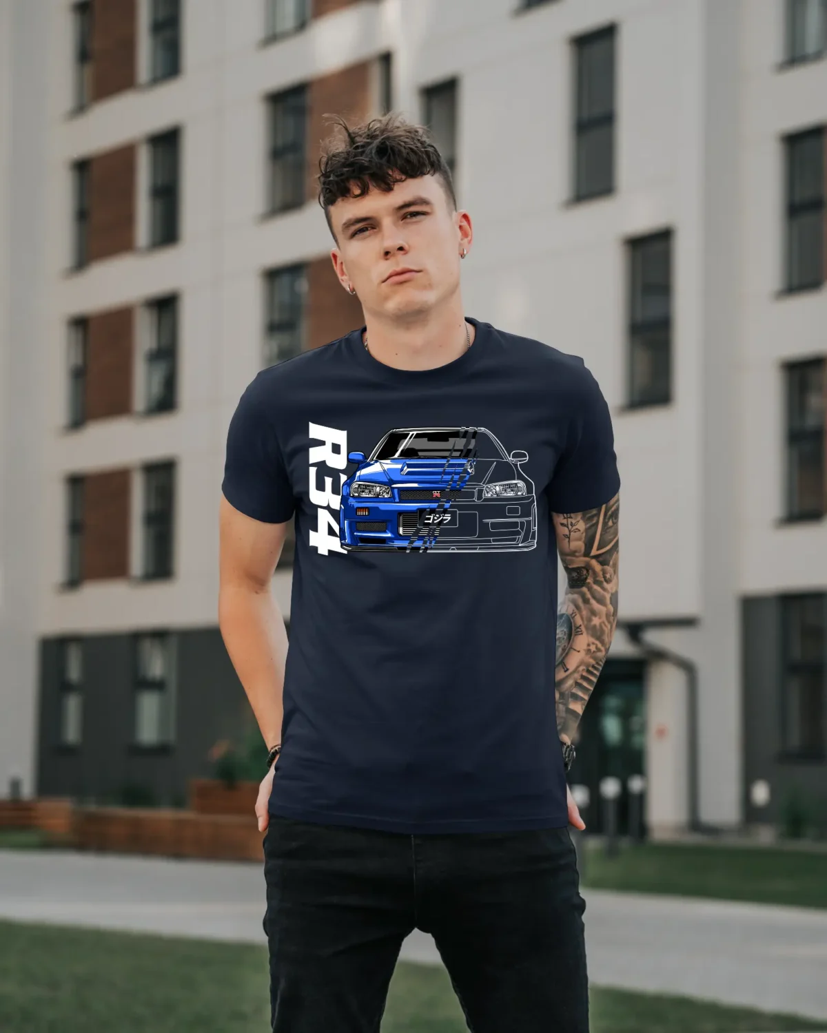 Model Wearing a Navy Blue Nissan Skyline R34 T-Shirt