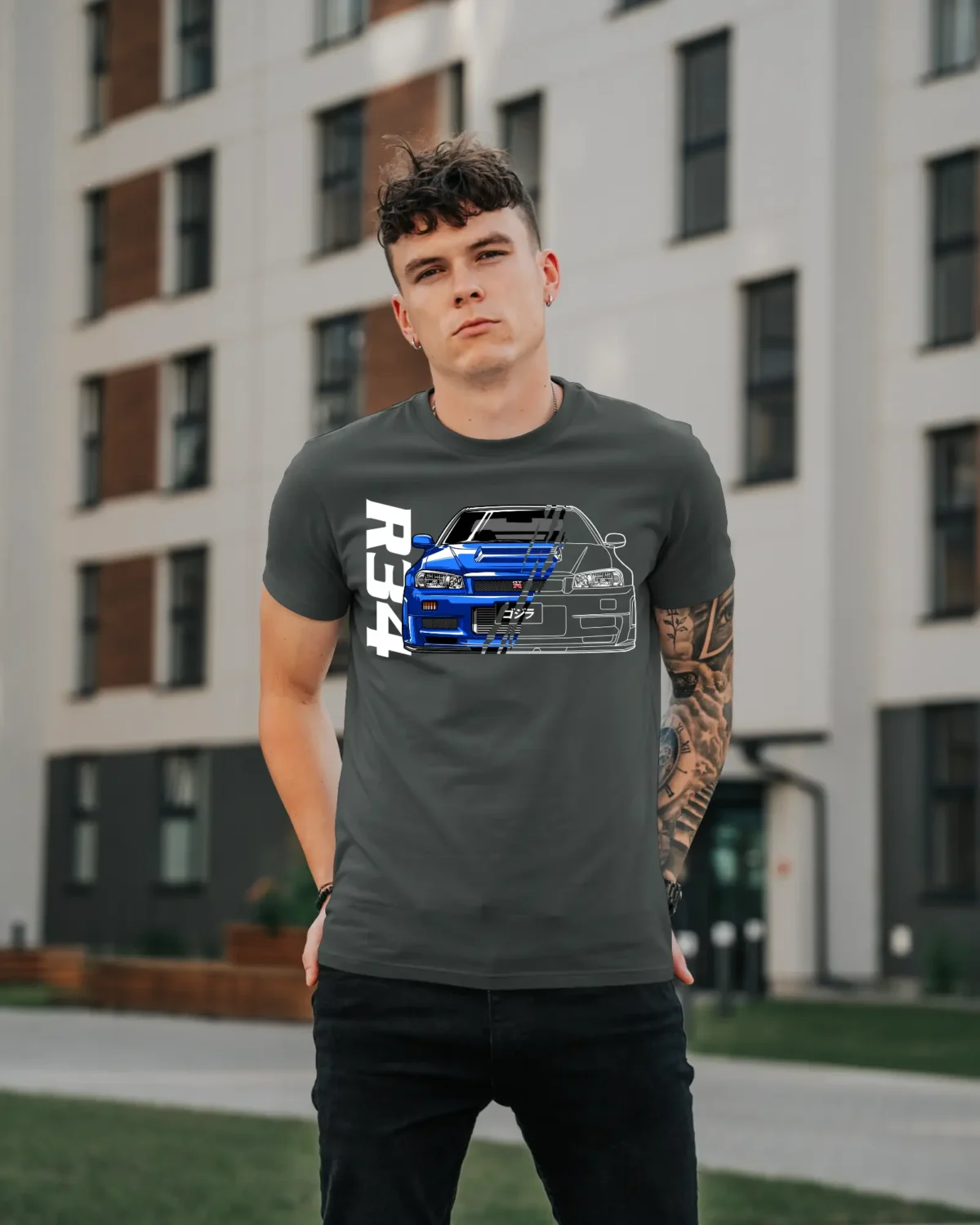 Model Wearing a Steel Grey Nissan Skyline R34 Tee