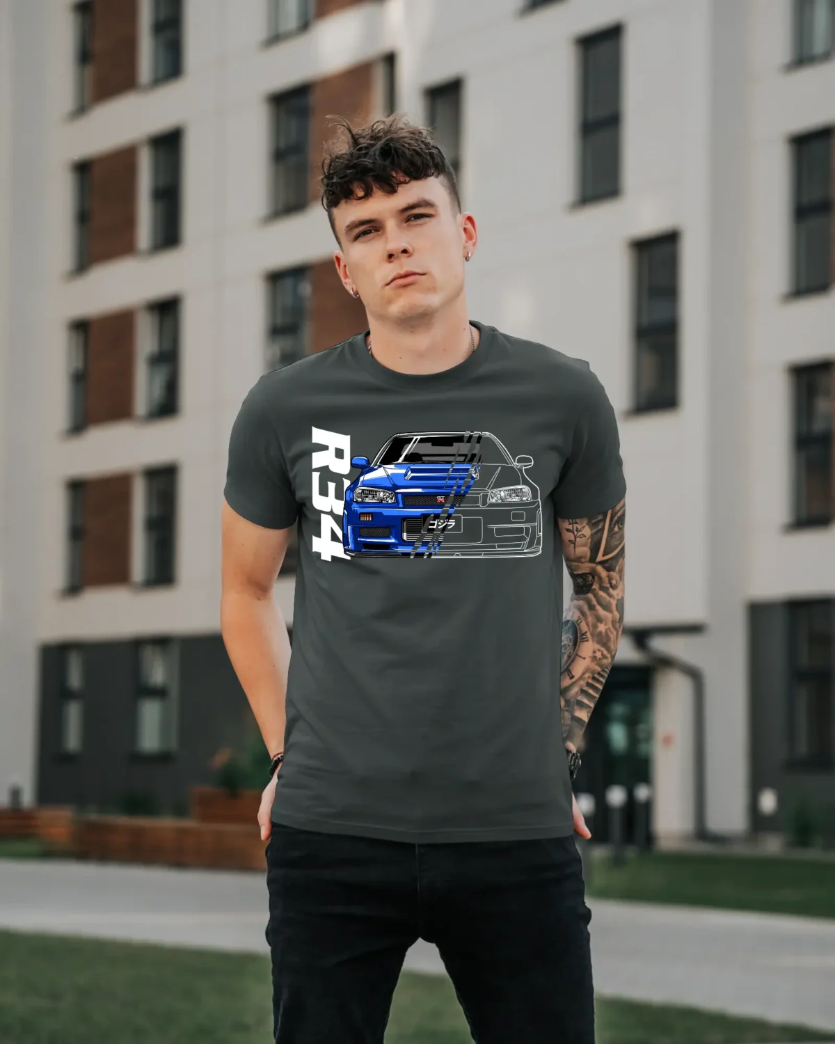 Model Wearing a Steel Grey Nissan Skyline R34 T-Shirt