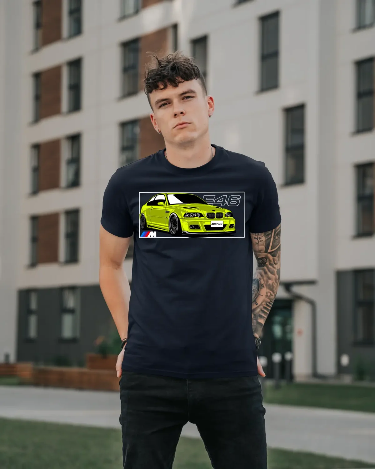 Model in BMW M3 E46 Navy Blue T-Shirt