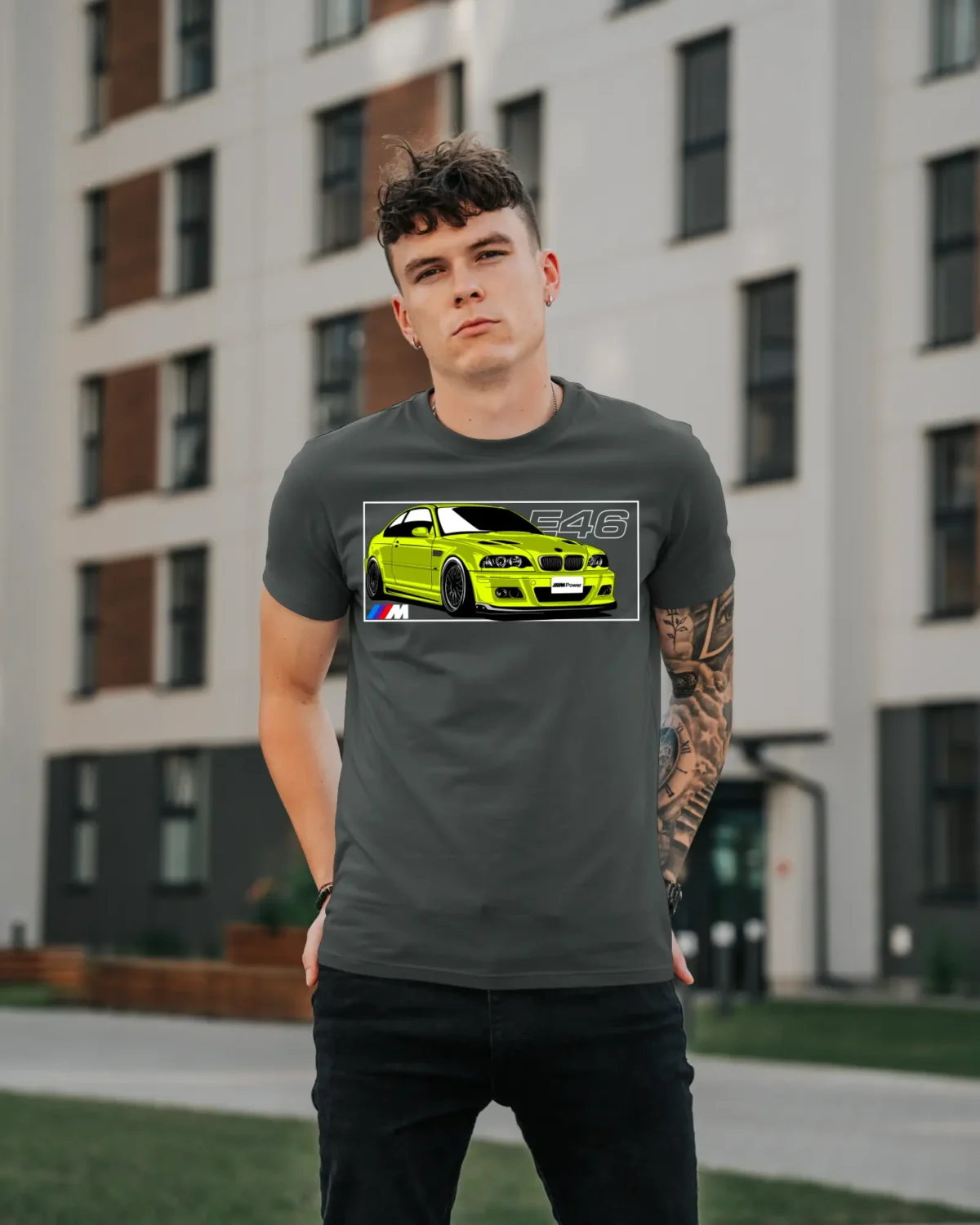 Model in BMW M3 E46 Steel Grey T-Shirt