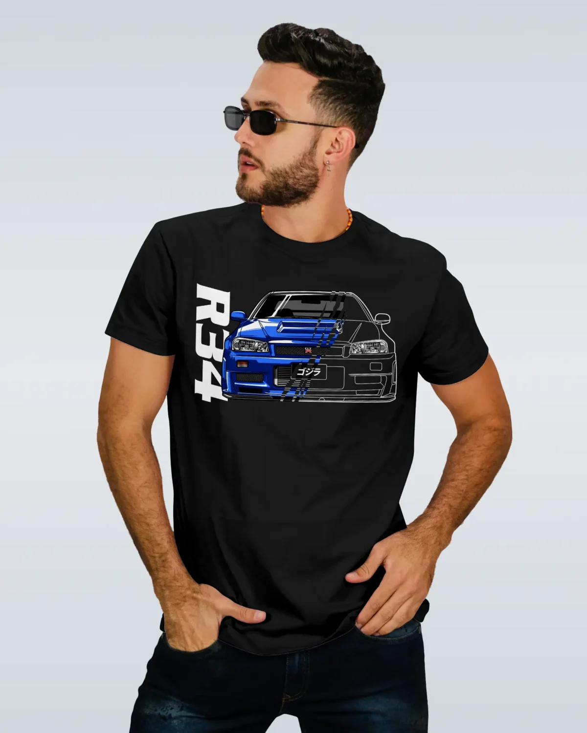 UltiMoto Model in a Nissan Skyline R34 Black T-Shirt