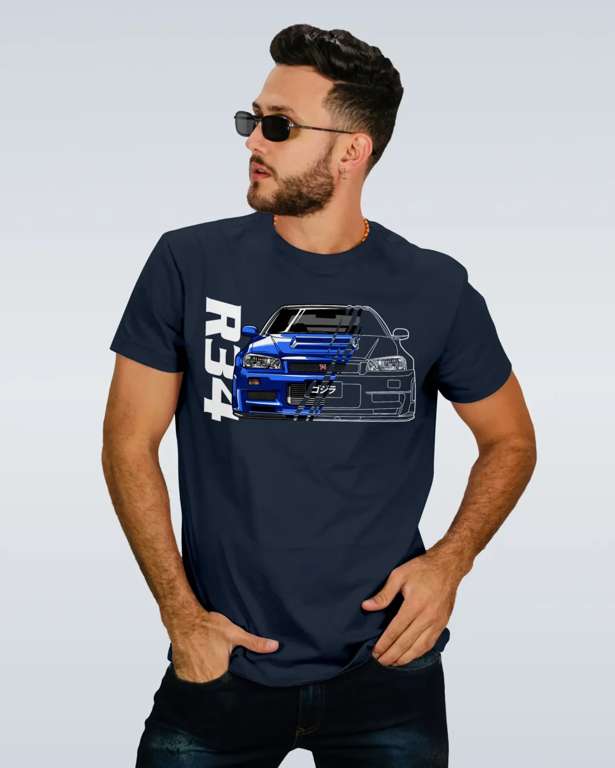 Model in Nissan Skyline R34 Navy Blue Tee