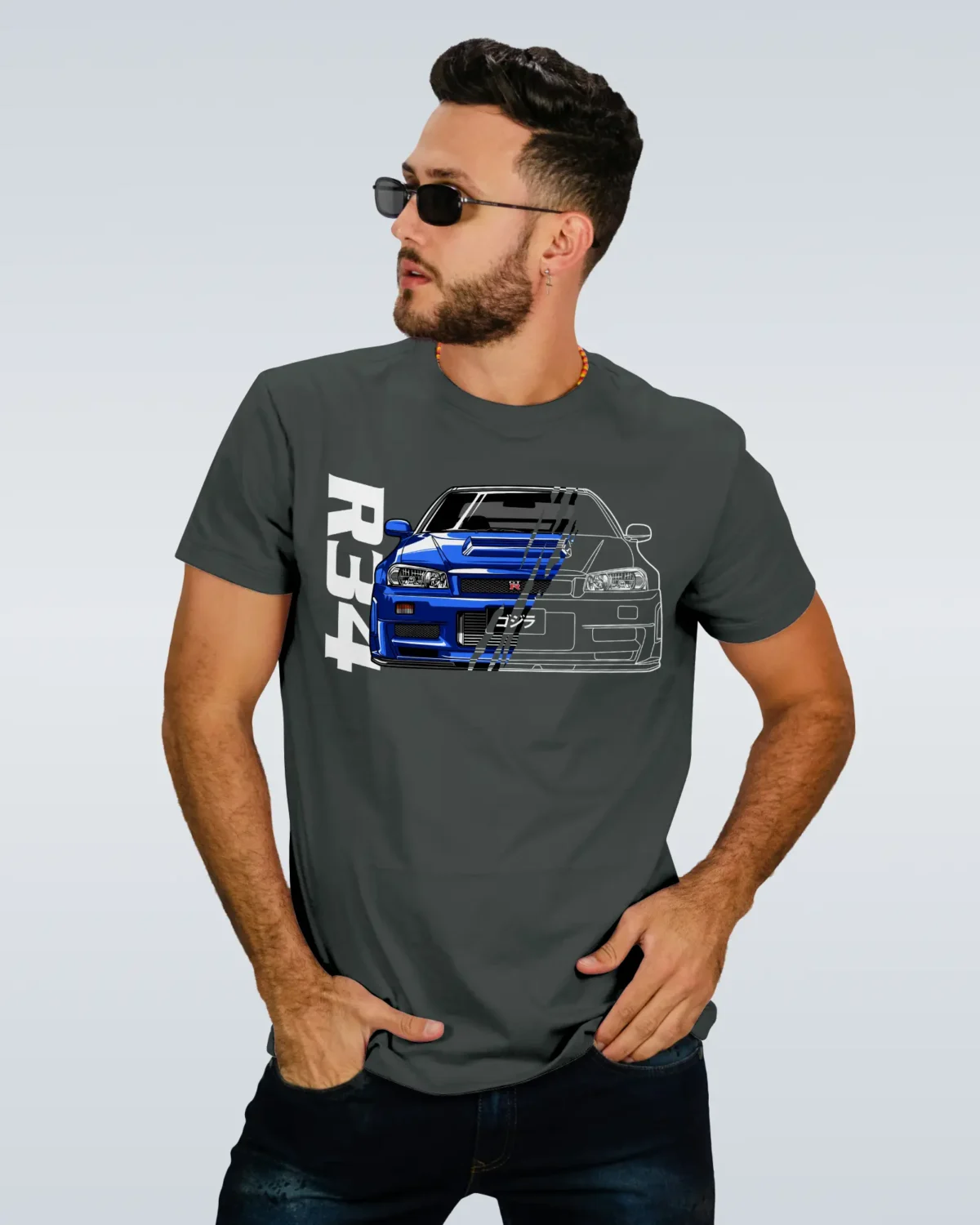 Model in a Nissan Skyline R34 Steel Grey T-Shirt